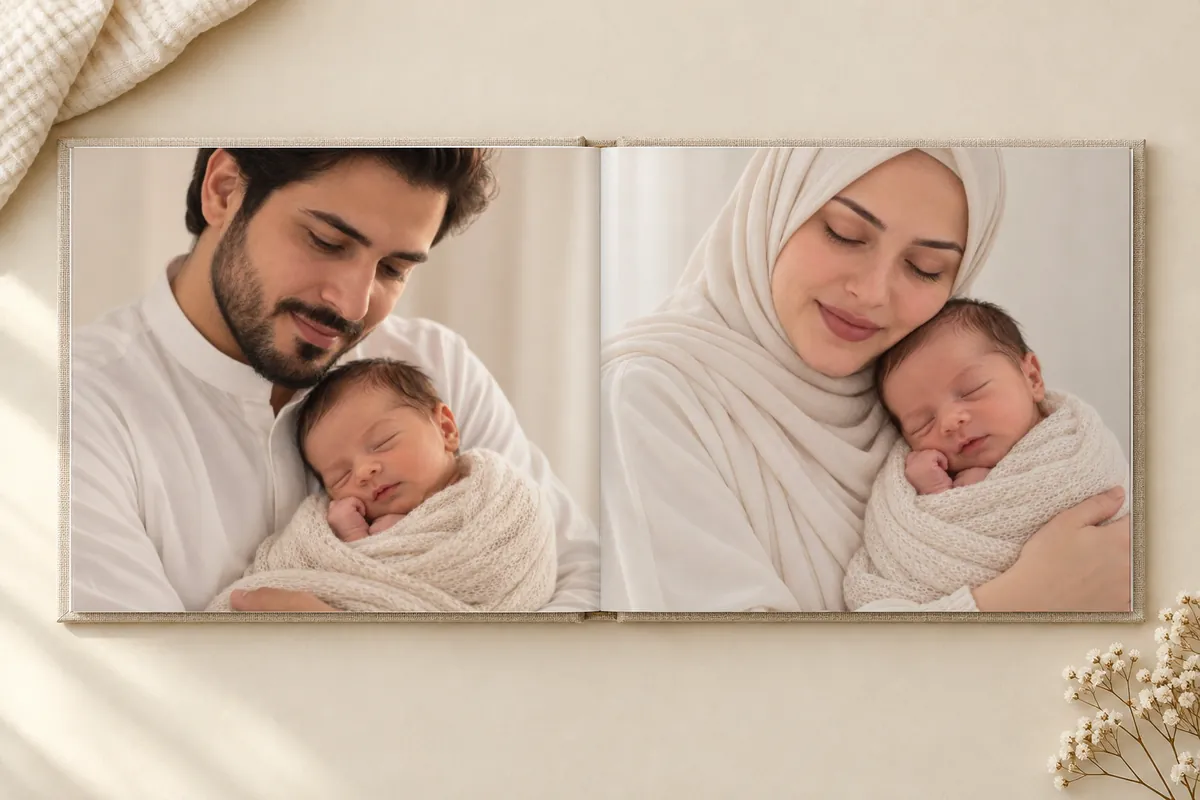ألبوم مفتوح بيه صورة الأب والأم وكل واحد حاضن الطفل